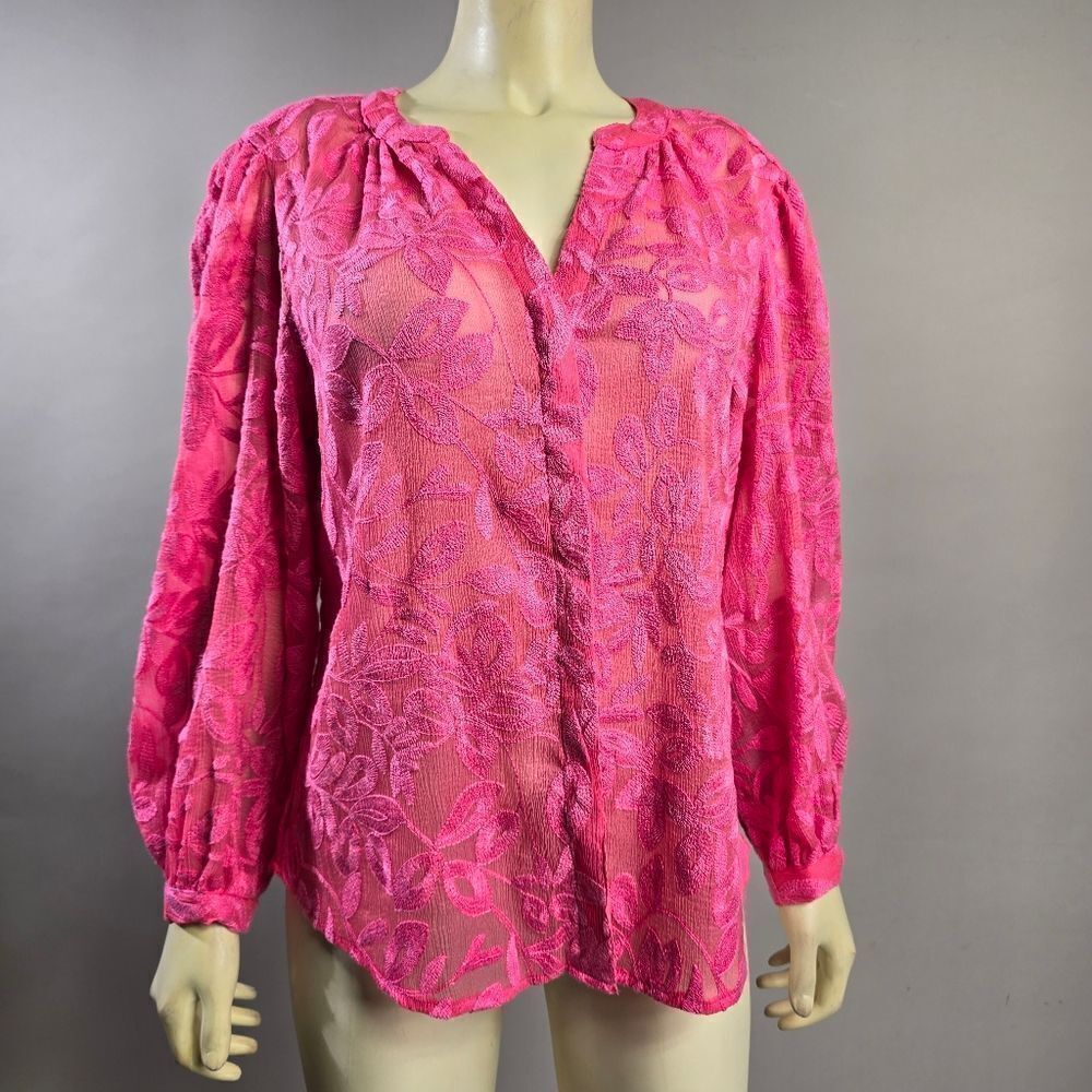 Chico's Hot Pink Embroidered V-Neck Blouse